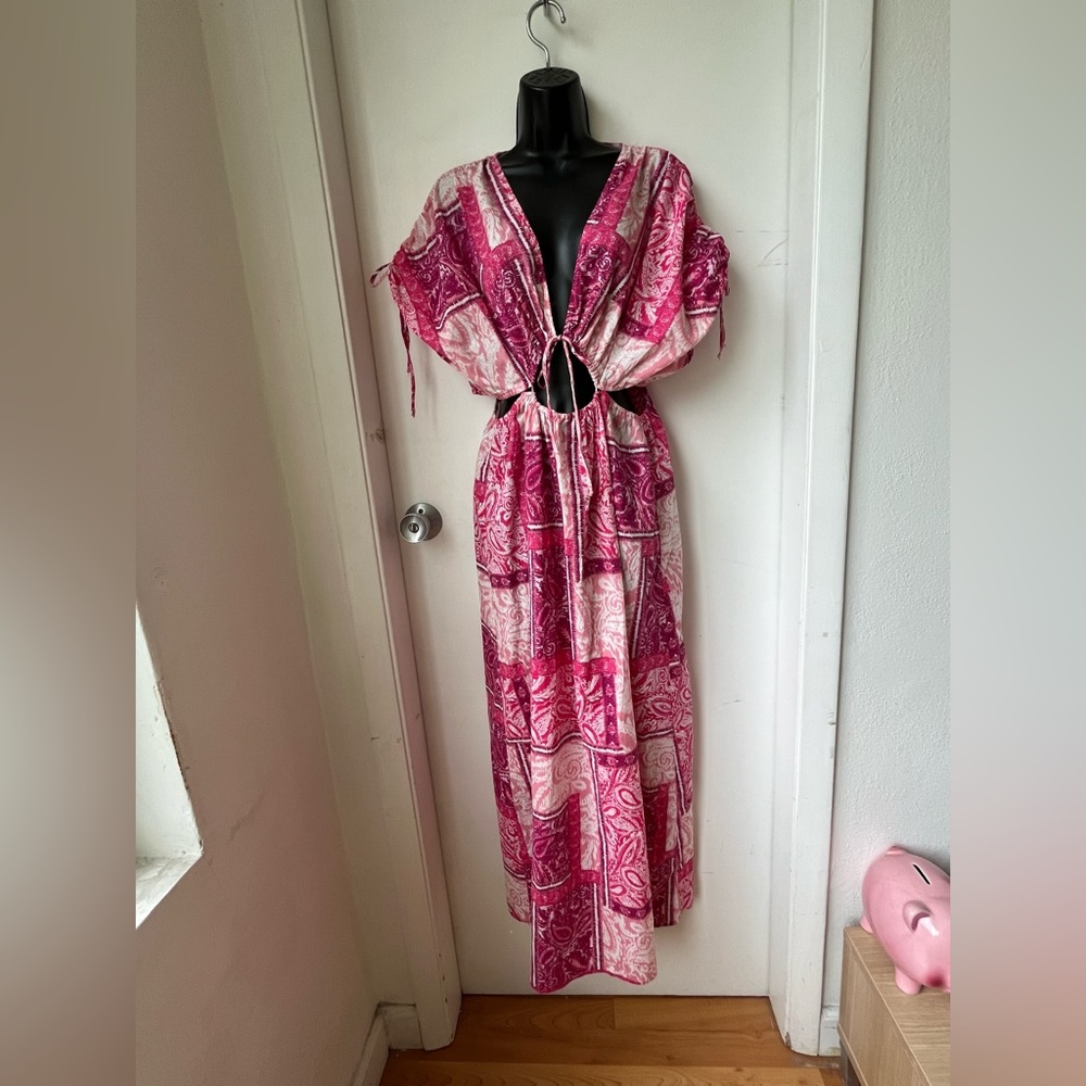 Zara Long Patchwork Print Cut Out Dress Pink White size L - Picture 3 of 10